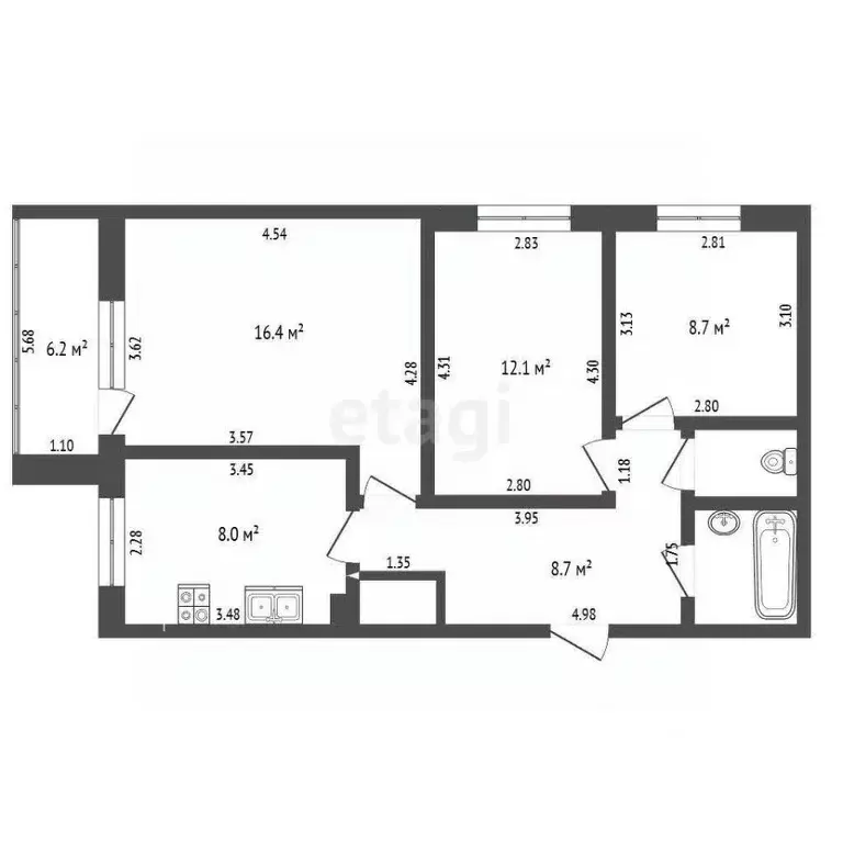 3-к кв. Башкортостан, Стерлитамак Коммунистическая ул., 74 (61.0 м) - Фото 2