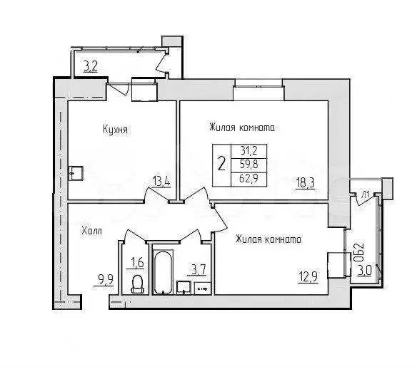 2-к. квартира, 59,4 м, 5/11 эт. - Фото 0