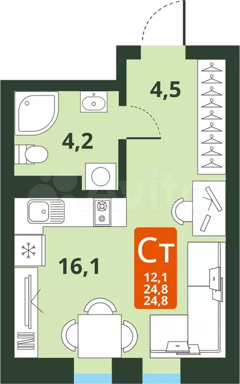 1-к. квартира, 24,8 м, 2/15 эт. - Фото 0