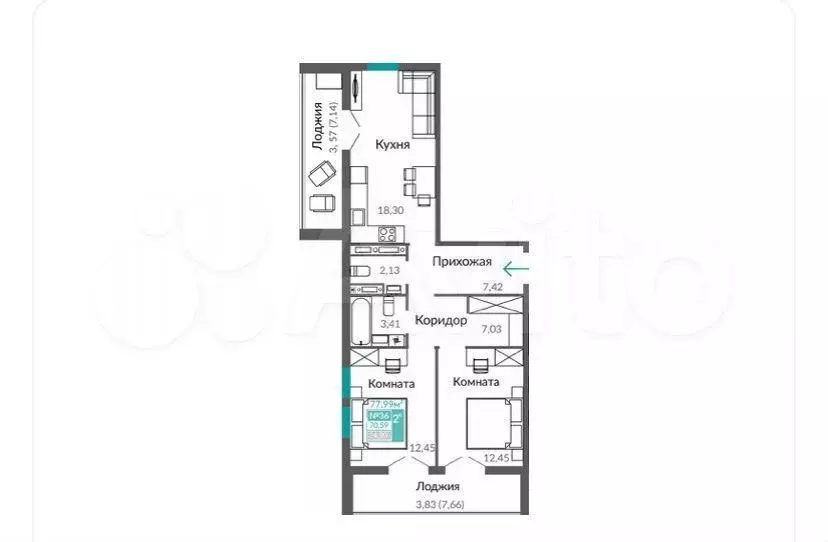 2-к. квартира, 78 м, 6/9 эт. - Фото 1