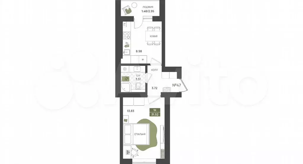 1-к. квартира, 31,5 м, 1/5 эт. - Фото 1