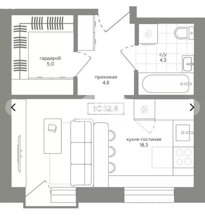 Квартира-студия: посёлок Садовый, Спортивная улица, 36 (32 м) - Фото 1
