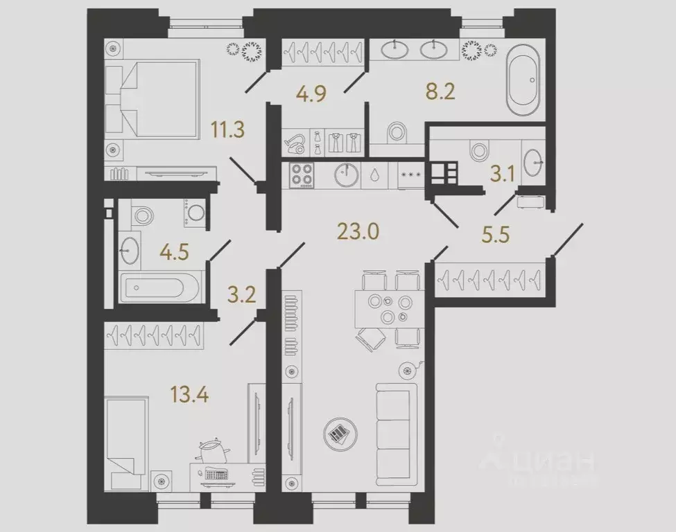 2-к кв. Санкт-Петербург ул. Чапыгина, 4 (77.1 м) - Фото 1