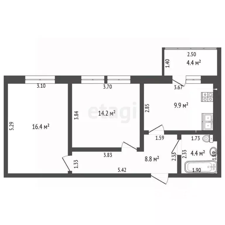 2-к кв. Калининградская область, Гурьевск бул. Пражский, 9 (54.0 м) - Фото 2