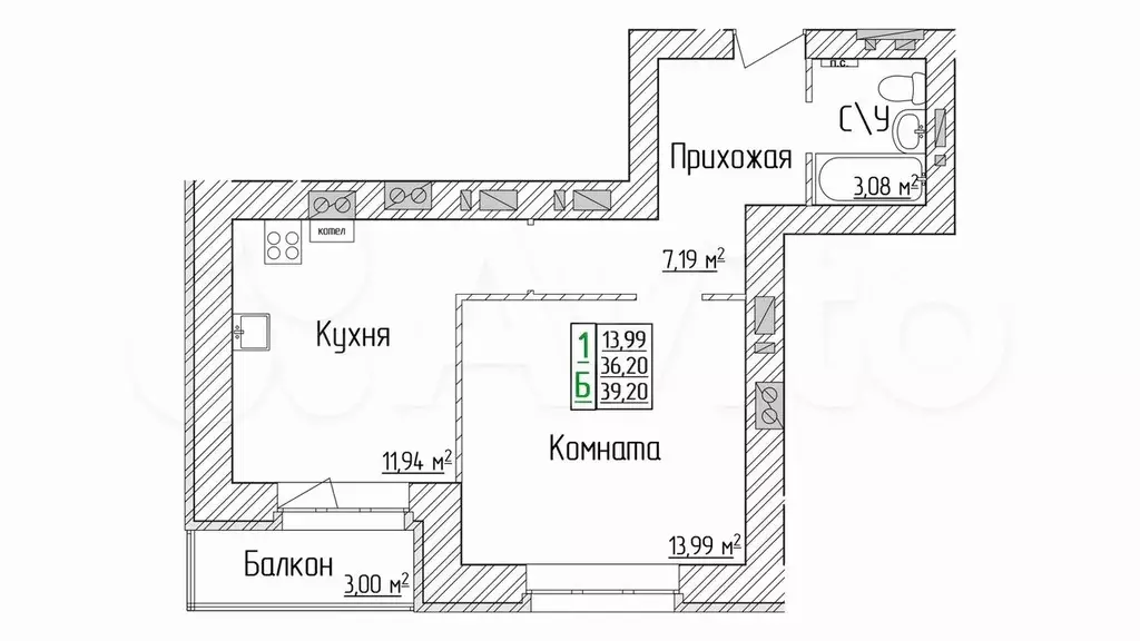 1-к. квартира, 39,2 м, 6/6 эт. - Фото 0