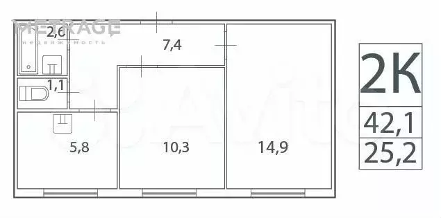 2-к. квартира, 42,1 м, 3/3 эт. - Фото 0