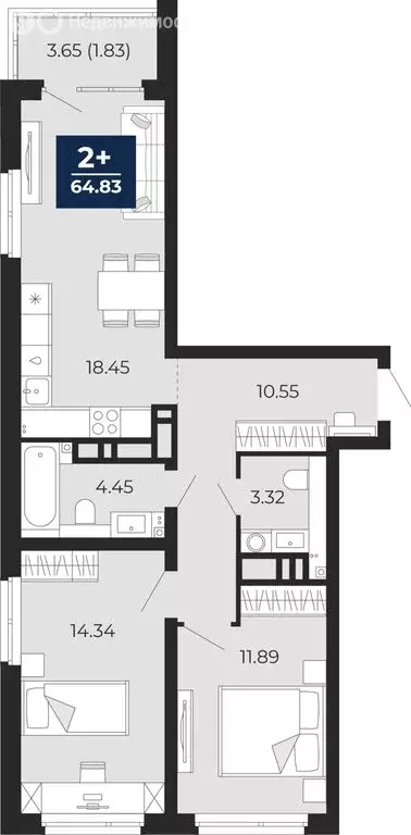 2-комнатная квартира: Тюмень, Арктическая улица, 12 (64.83 м) - Фото 0