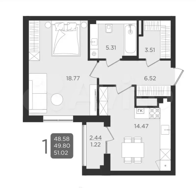 1-к. квартира, 49,9 м, 1/9 эт. - Фото 1