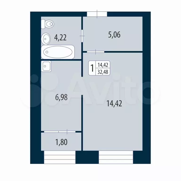 1-к. квартира, 32,5 м, 4/4 эт. - Фото 1
