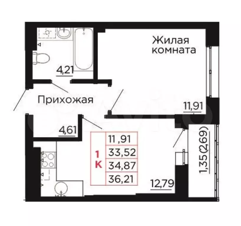 1-к. квартира, 34,9 м, 3/9 эт. - Фото 0