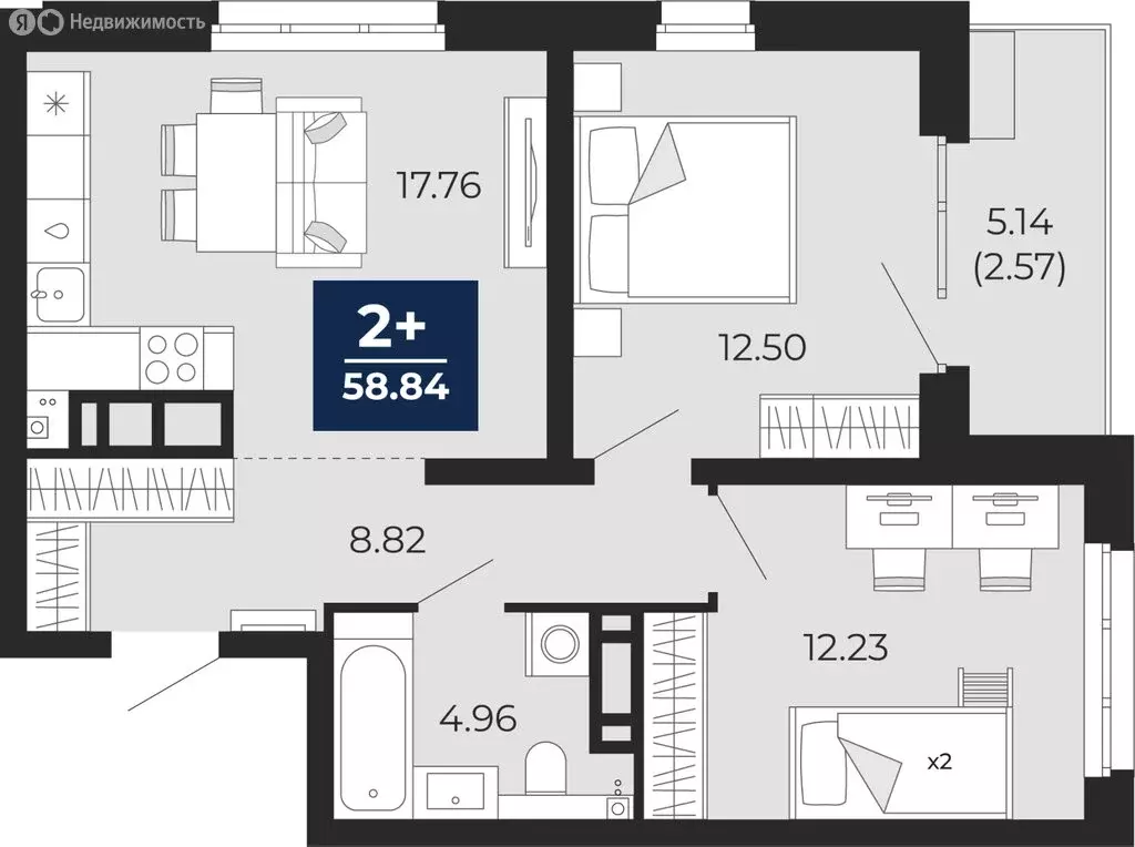 2-комнатная квартира: Тюмень, Арктическая улица, 12 (61.41 м) - Фото 1