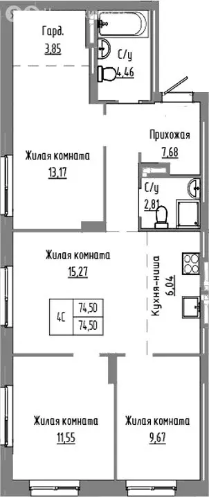2-комнатная квартира: Краснообск, жилой комплекс Базилик (74.5 м) - Фото 1