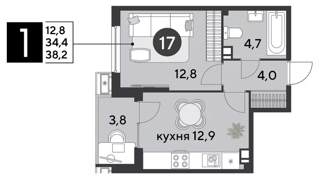 1-комнатная квартира: Краснодар, микрорайон Парк Победы (38.2 м) - Фото 1