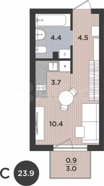 1-к. квартира, 23,9 м, 1/9 эт. - Фото 1