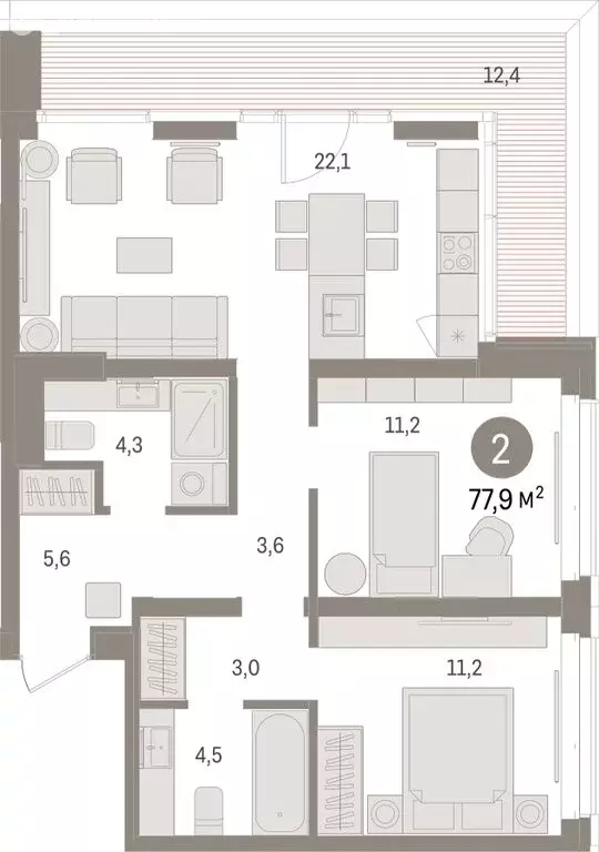 2-комнатная квартира: Тюмень, жилой комплекс На Минской (77.86 м) - Фото 1