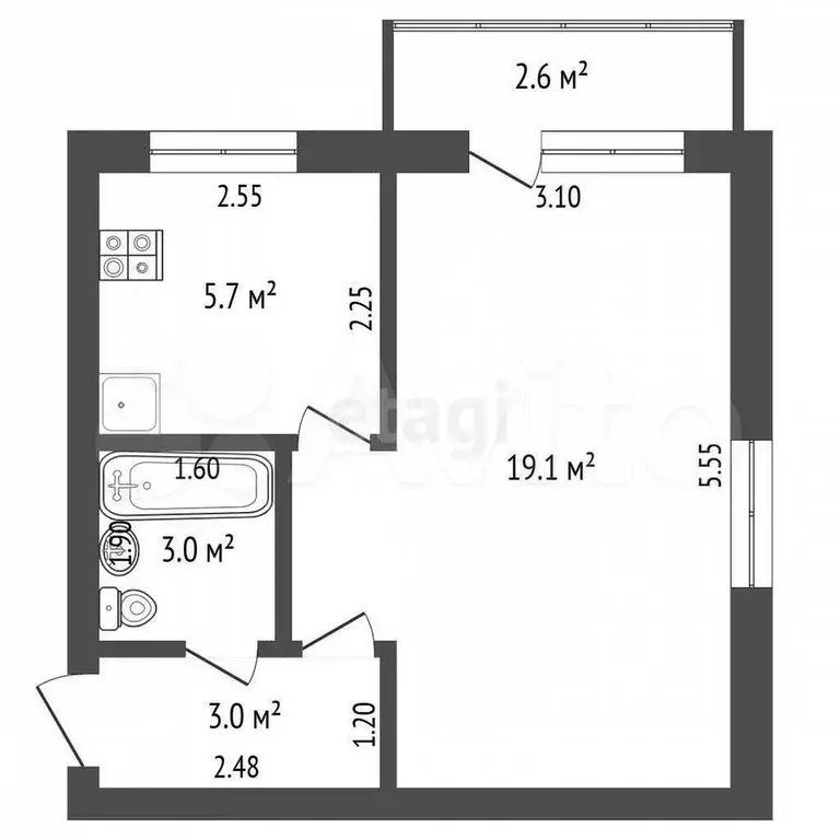 1-к. квартира, 30,8 м, 5/5 эт. - Фото 0