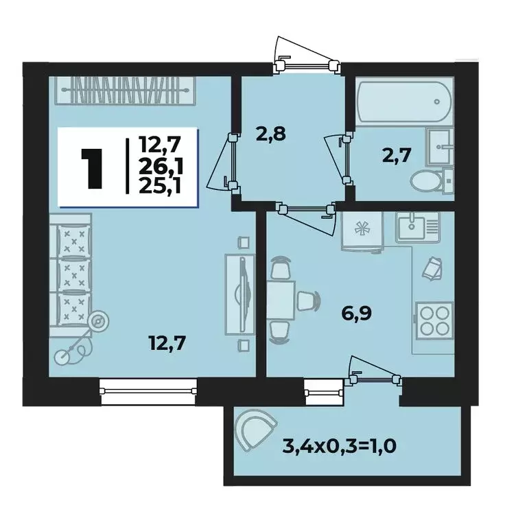 1-комнатная квартира: аул Новая Адыгея, ЖК Дарград (26.1 м) - Фото 1