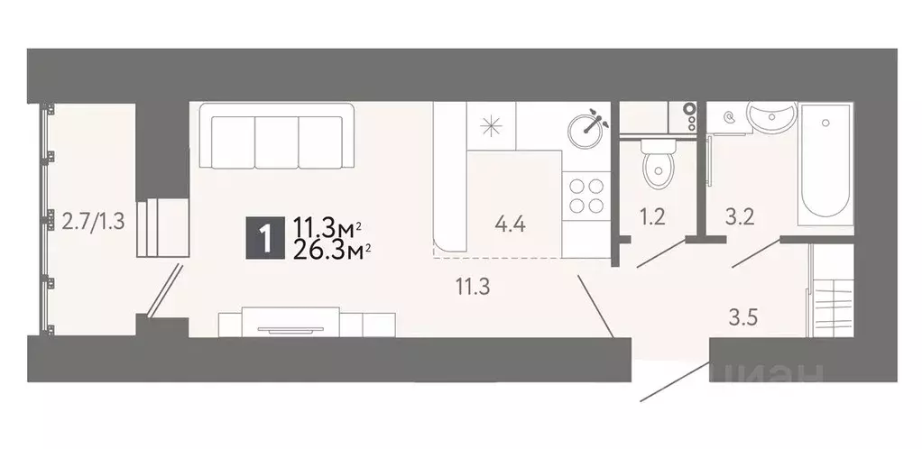 Студия Пензенская область, Пенза ул. Шмидта, 5 (26.9 м) - Фото 1