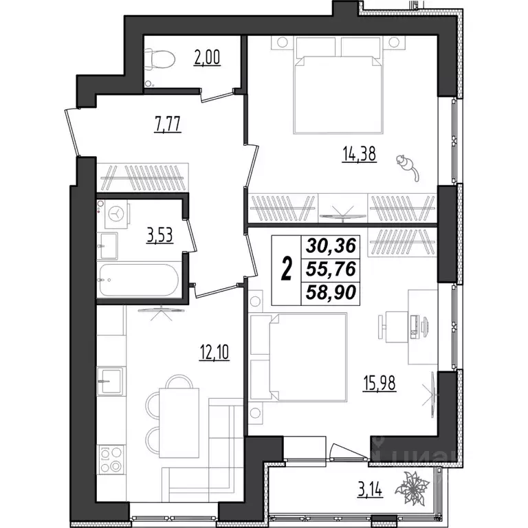 2-к кв. Мордовия, Саранск Химмаш жилрайон, 4-й мкр,  (58.9 м) - Фото 1
