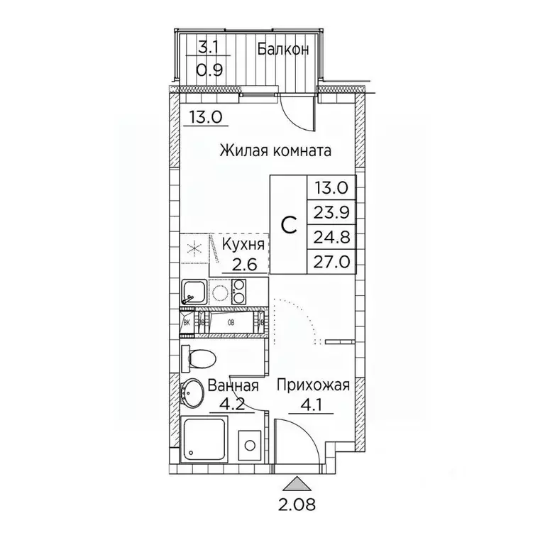 1-к кв. Приморский край, Владивосток ул. Расула Гамзатова, 7к2 (27.0 ... - Фото 1