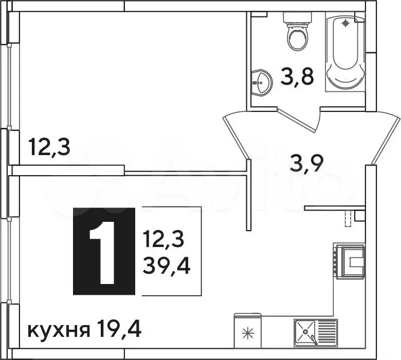 1-к. квартира, 39,4 м, 1/16 эт. - Фото 1