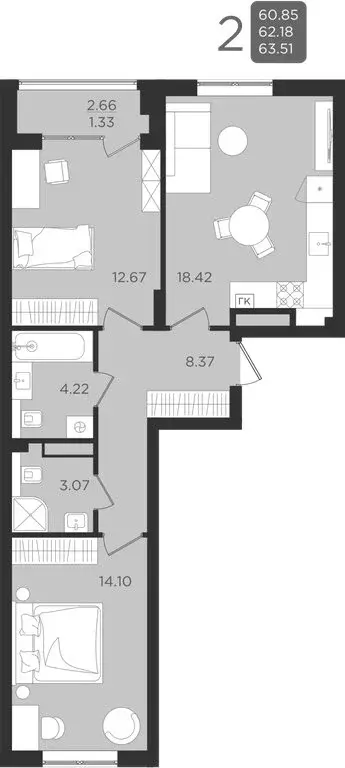 Квартира-студия: Калининград, улица Старшины Дадаева, 55к1 (62.32 м) - Фото 1
