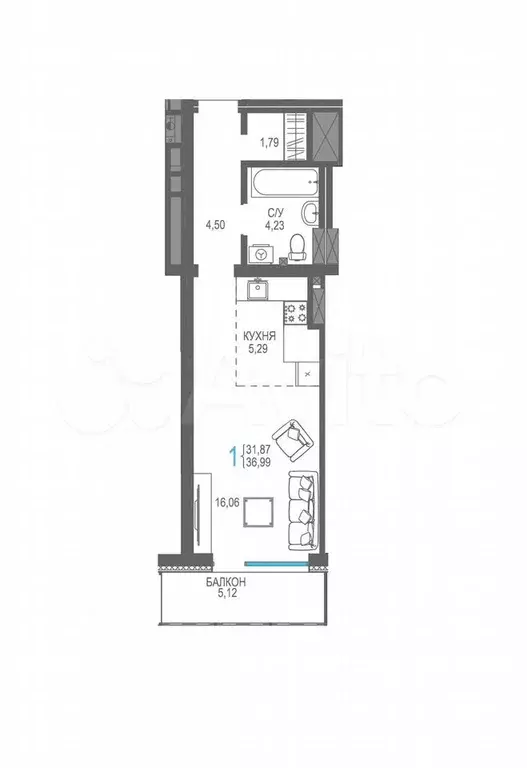 Квартира-студия, 37 м, 4/17 эт. - Фото 1