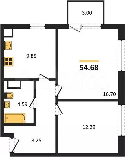 2-к. квартира, 54,7 м, 4/4 эт. - Фото 1
