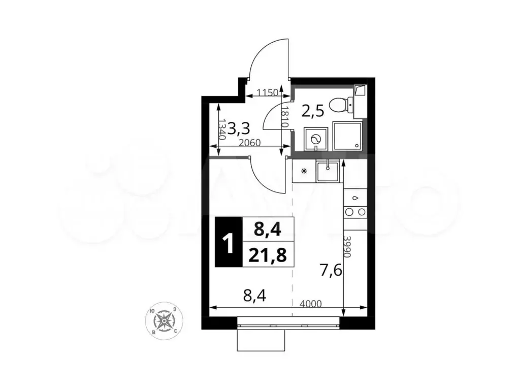 Квартира-студия, 21,8м, 4/16эт. - Фото 0