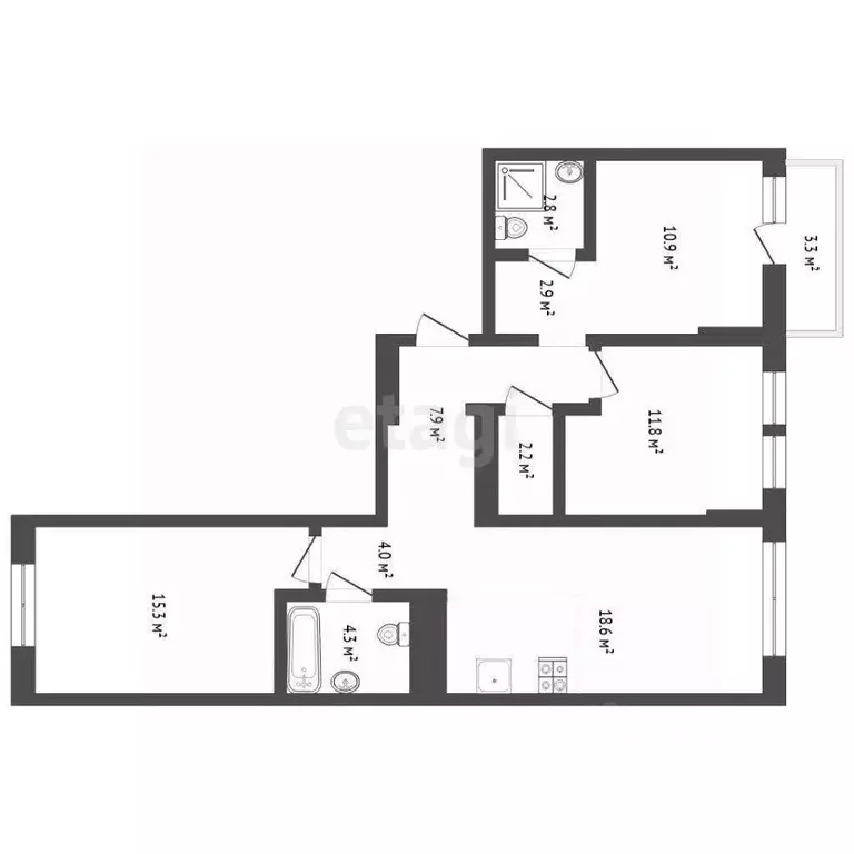 3-к кв. Тюменская область, Тюмень ул. Республики, 205к1 (78.1 м) - Фото 2