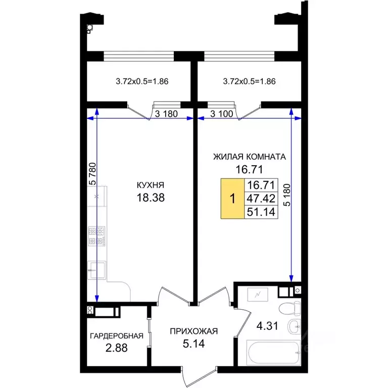 1-к кв. Краснодарский край, Новороссийск 5-я Бригада мкр,  (51.14 м) - Фото 0