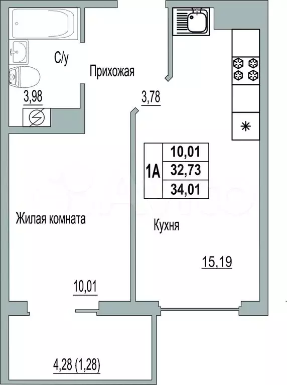 1-к. квартира, 34м, 3/9эт. - Фото 0