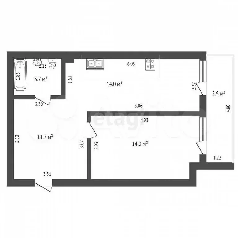 1-к. квартира, 43,4 м, 4/5 эт. - Фото 0