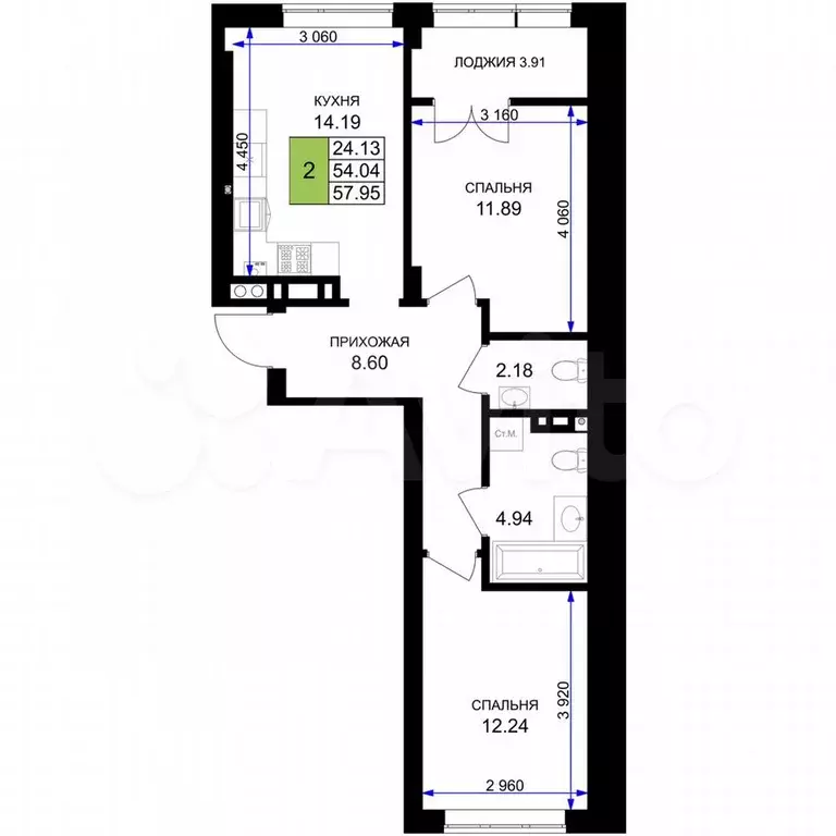 2-к. квартира, 57,8 м, 5/7 эт. - Фото 1