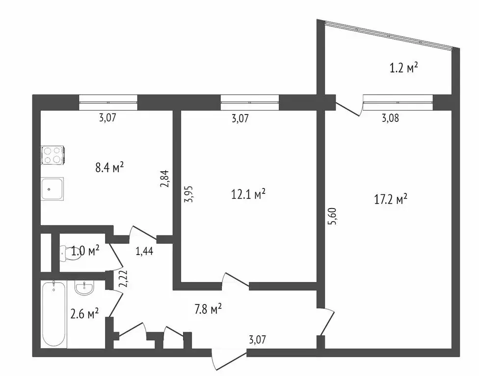 2-комнатная квартира: Тюмень, проезд Стахановцев, 1 (45.3 м) - Фото 1