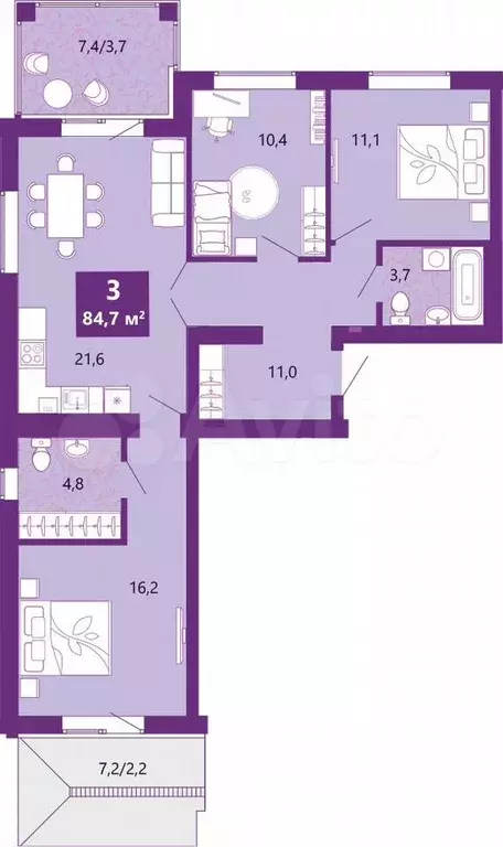 3-к. квартира, 84,7 м, 2/4 эт. - Фото 0