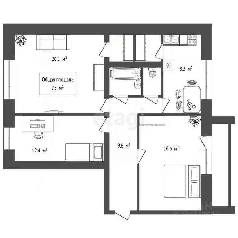 3-к кв. Новосибирская область, Новосибирск ул. Крылова, 64А (75.0 м) - Фото 1