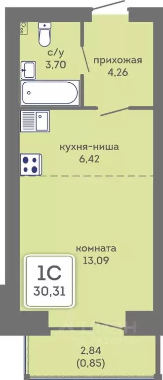 Студия Пермский край, Пермь Кировоградская ул., 28 (30.31 м) - Фото 1