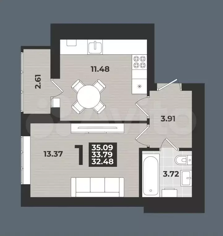 1-к. квартира, 35 м, 8/9 эт. - Фото 1