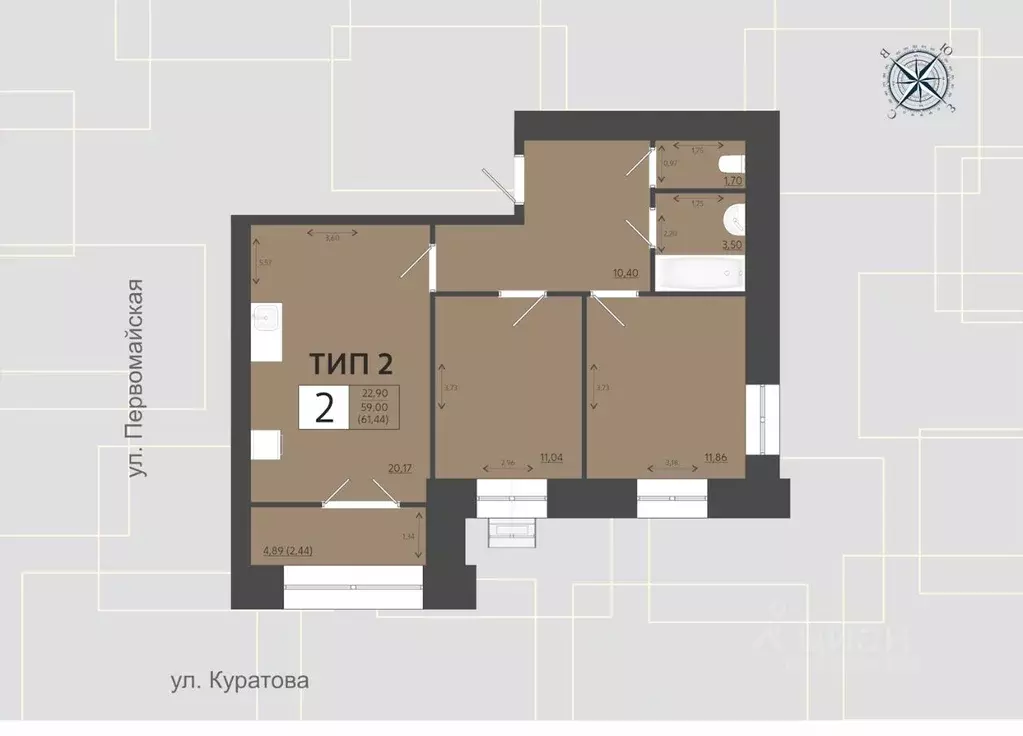 2-к кв. Коми, Сыктывкар ул. Куратова, 65 (61.45 м) - Фото 0