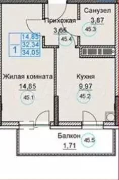 1-к. квартира, 32,3 м, 8/8 эт. - Фото 1