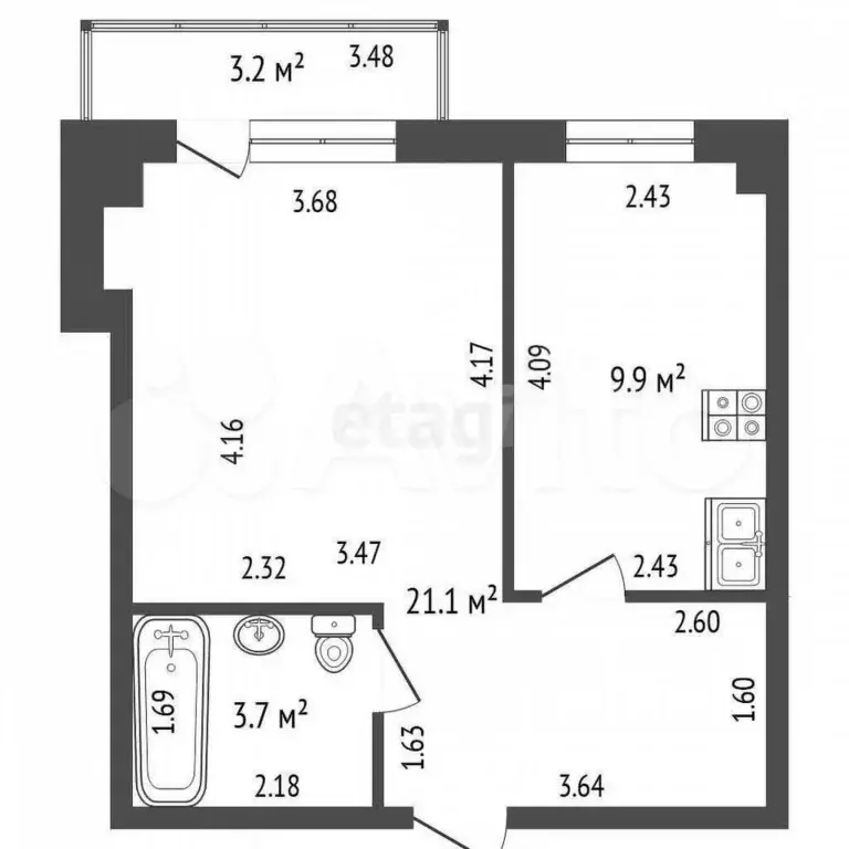 1-к. квартира, 34,7 м, 1/3 эт. - Фото 0