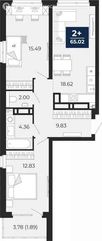 2-комнатная квартира: Тюмень, Арктическая улица, 12 (66.91 м) - Фото 1