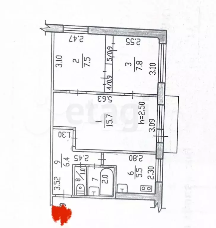 3-к. квартира, 47,7 м, 3/5 эт. - Фото 0