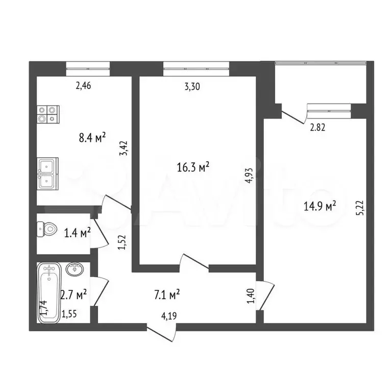 2-к. квартира, 50,8 м, 6/9 эт. - Фото 1