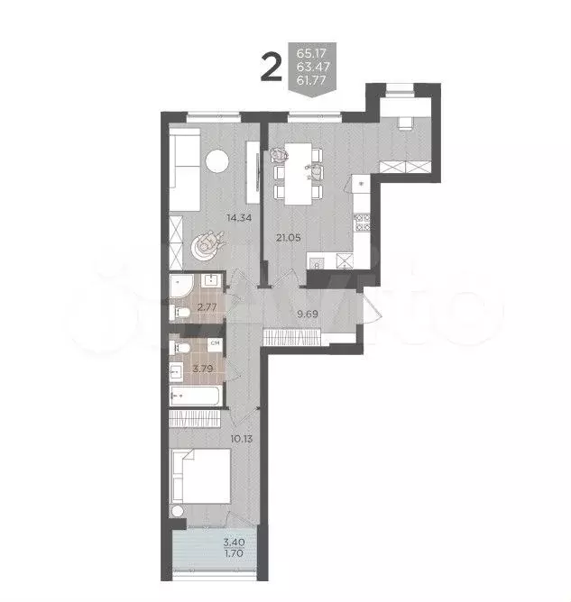 2-к. квартира, 65,2 м, 3/9 эт. - Фото 1