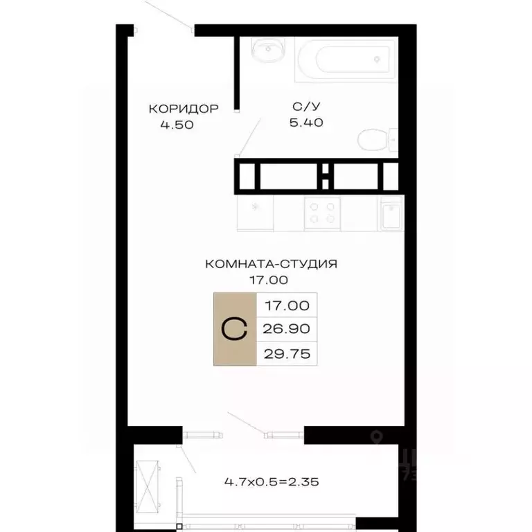 Студия Краснодарский край, Краснодар Школьный мкр, ул. Школьная, 1 ... - Фото 2