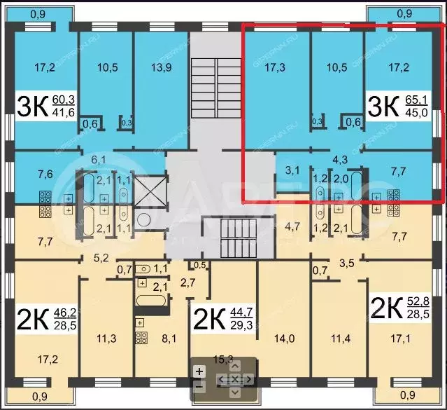3-к. квартира, 60,8 м, 4/9 эт. - Фото 0