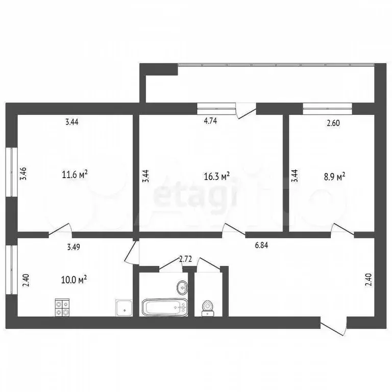 3-к. квартира, 62,2 м, 3/12 эт. - Фото 0