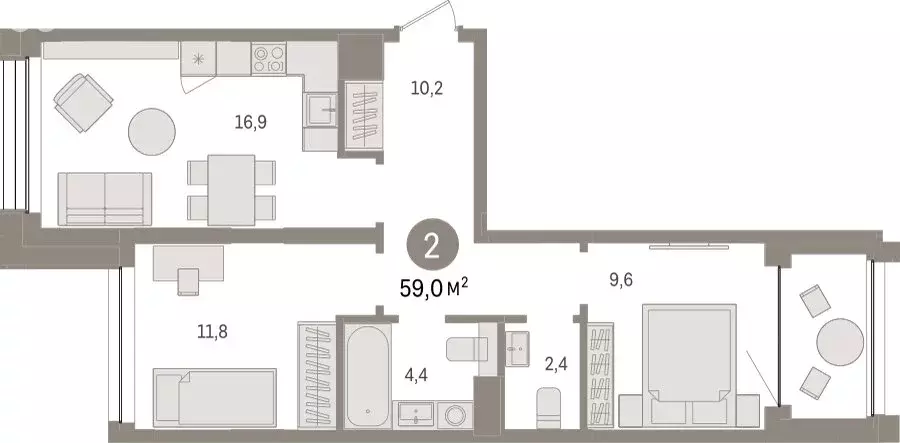 2-комнатная квартира: Тюмень, улица Муравленко, 9/2 (58.95 м) - Фото 1